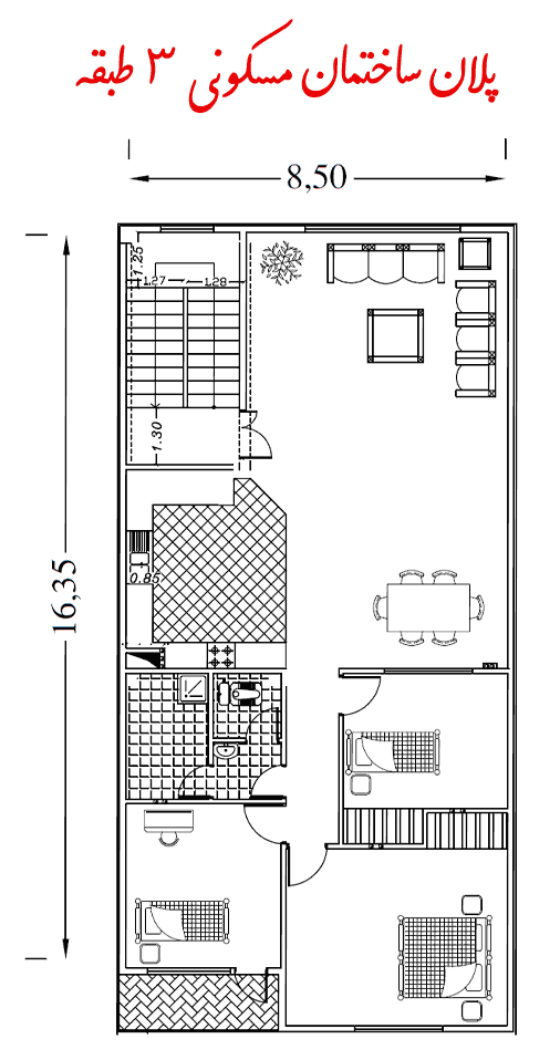 پلان ساختمان مسکونی 3 طبقه
